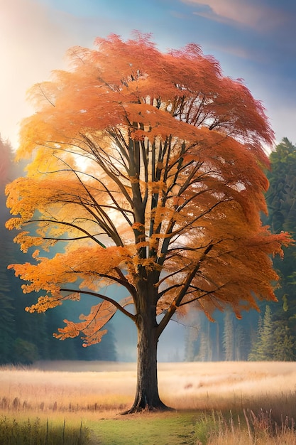 A tree with a bright orange leaf that is in the middle of a field.