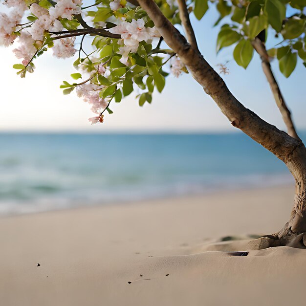 a tree with a bunch of flowers on it is in the sand