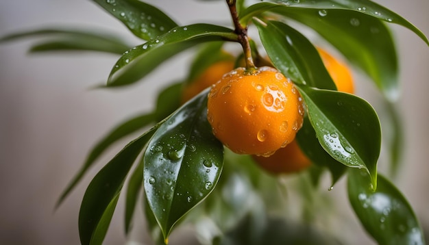 a tree with a bunch of oranges on it and a green leaf