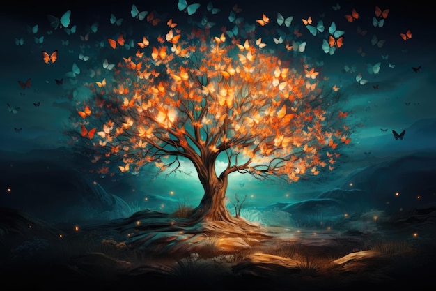 a tree with butterflies flying around it