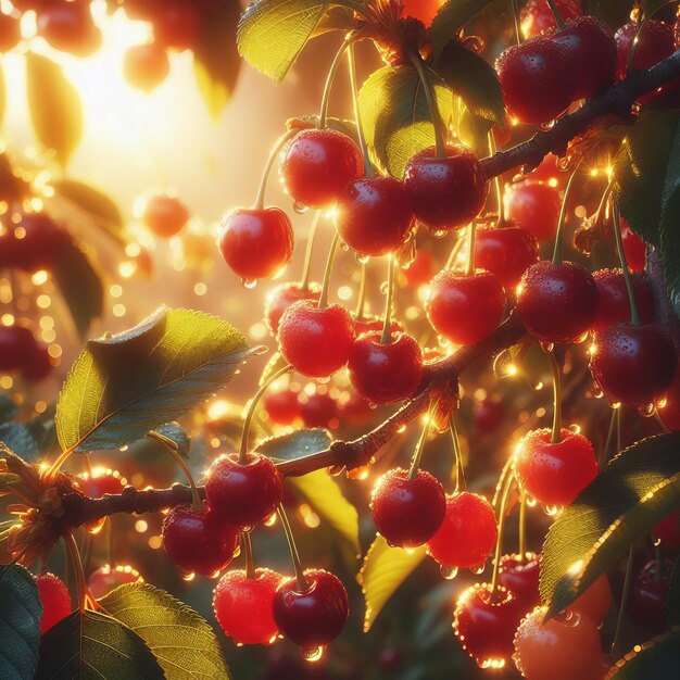 a tree with cherries hanging from it and the sun shining through the leaves