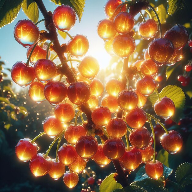 a tree with cherries hanging from it and the sun shining through the leaves