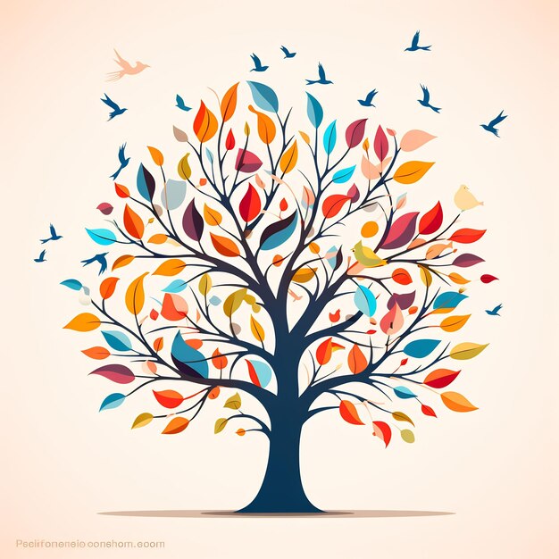 a tree with a colorful background with birds flying around it