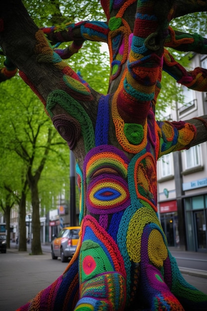 A tree with a colorful crochet pattern that is made by knitted yarn.