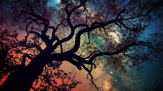 A tree with a colorful sky and the words'tree'on it