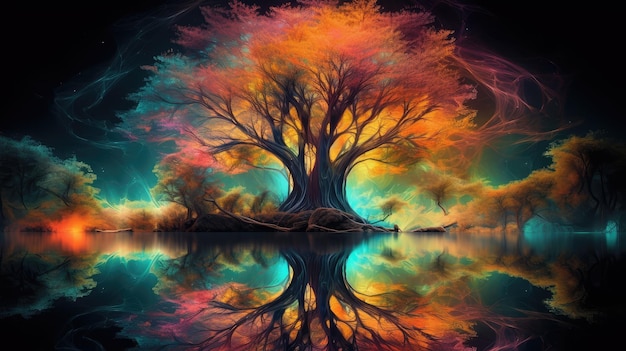 A tree with a colorful tree in the middle