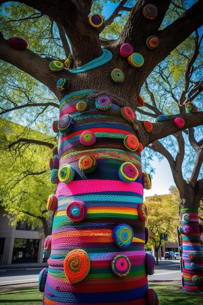 A tree with colorful yarn wrapped around it