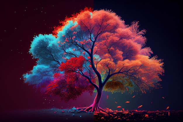 A tree with the colors of the rainbow