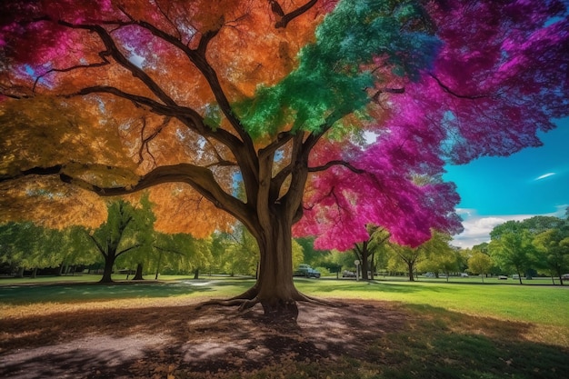 A tree with the colors of the rainbow.