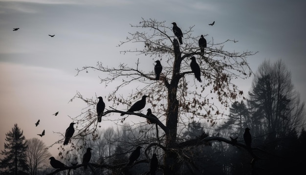 カラスがいる木と背景に鳥が飛んでいます。