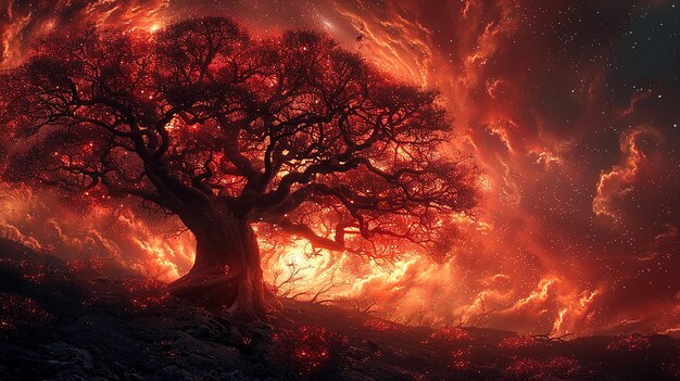 a tree with a fire in the background