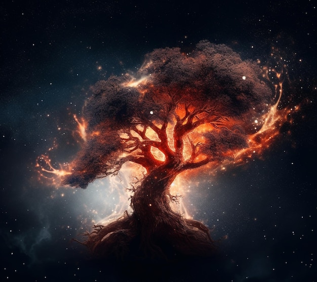 A tree with a fire effect on it