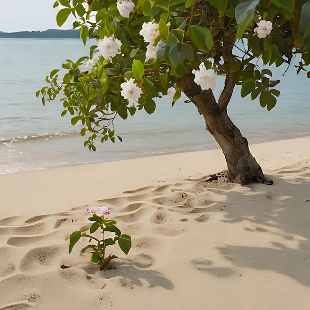 Photo a tree with a flower in the sand next to the ocean