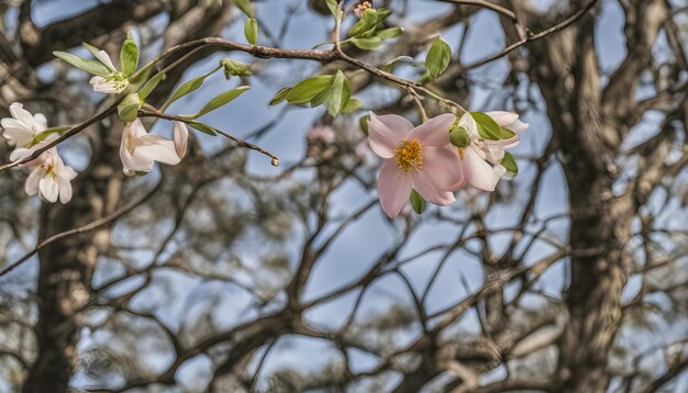 Foto un albero con un fiore che dice primavera su di esso