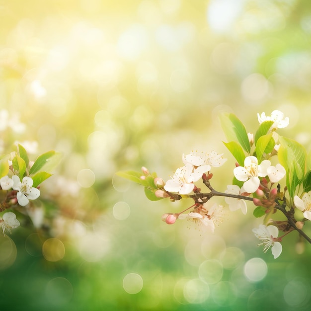 A tree with flowers and green leaves with a blurry background.