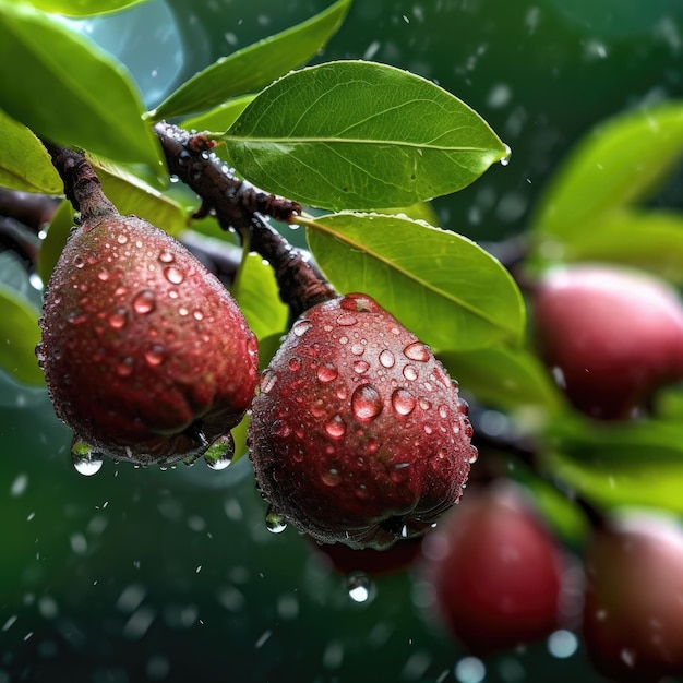 A tree with fruit on it with rain drops on it.