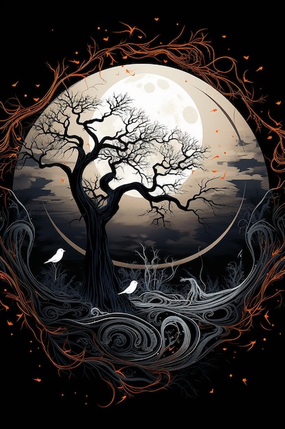 배경에 보름달이 있는 나무.