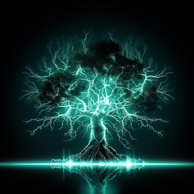 Photo tree_with_glowing_impulses_and_electric_lines