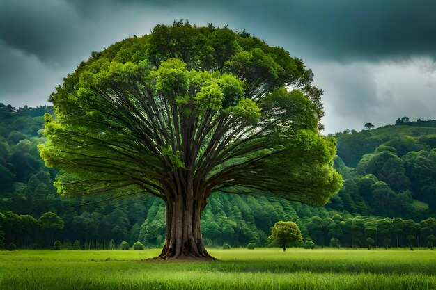 A tree with a green background and a cloudy sky