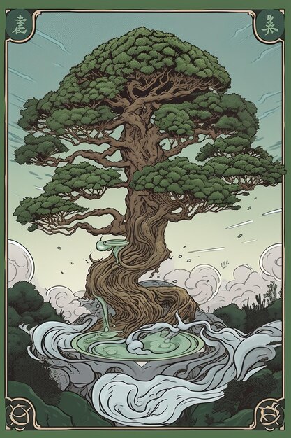 a tree with a green background that says  bonsai