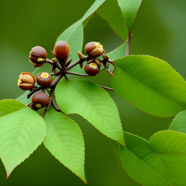 A tree with green leaves and a few small fruits