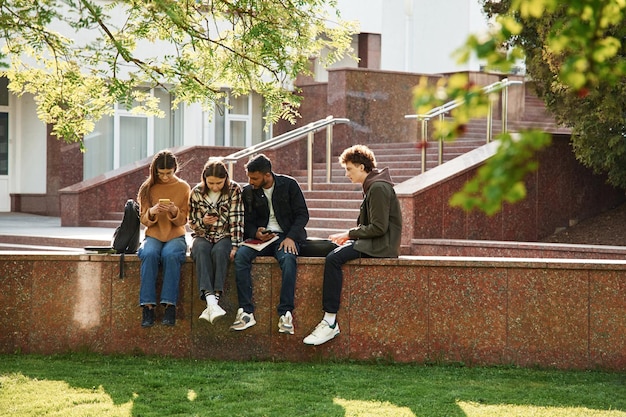 写真 緑の葉の木カジュアルな服を着た4人の若い学生が屋外で一緒にいます
