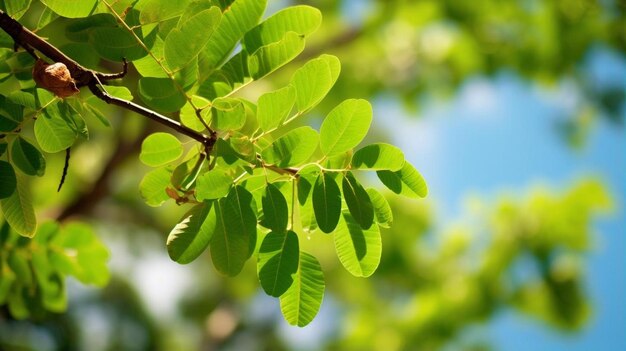 Photo a tree with green leaves that has a blue sky behind it