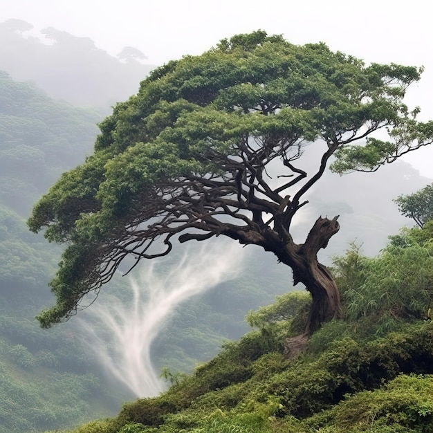 A tree with a green tree in the foreground