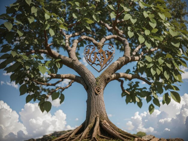 a tree with a heart shaped iron decoration on its trunk