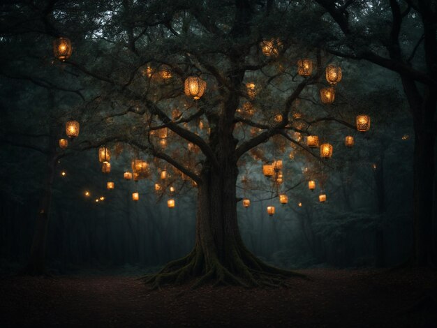 A tree with its branches full of hanging lanterns in the forest