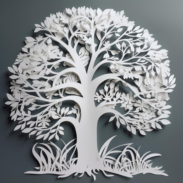 Tree with leaves cut out of paper origami on a gray background closeup