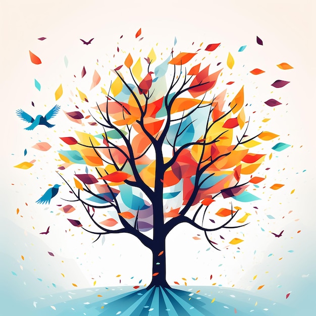 葉が付いた木と秋という言葉が底に書かれています