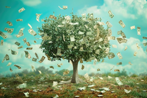 Photo a tree with leaves turning into money as cash bills fall to the ground a tree that grows money dropping down as leaves wilt ai generated