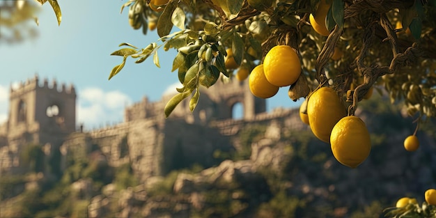 a tree with lemons hanging on it near a castle in the style of photobashing