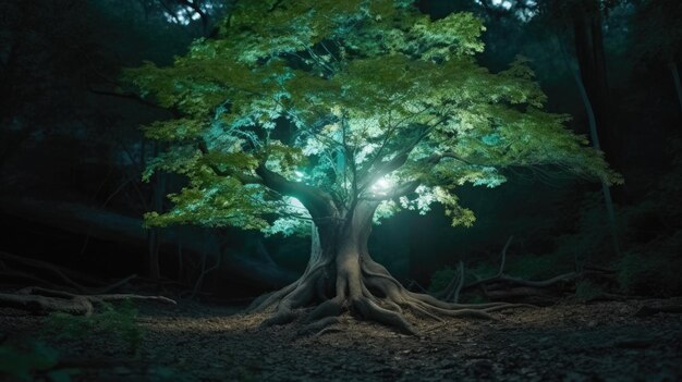 A tree with a light on it in the dark