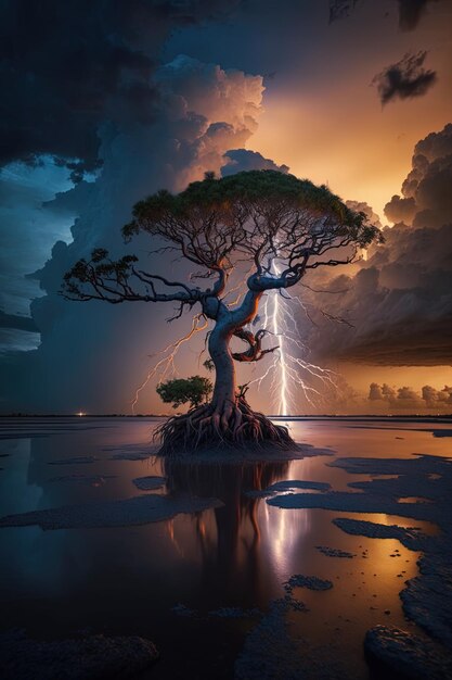 a tree with a lightning bolt in the sky