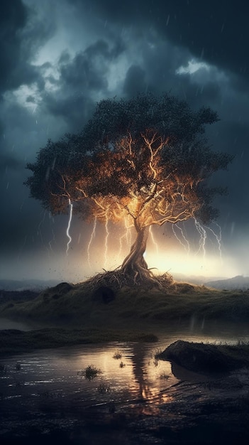 A tree with lightning and lightning