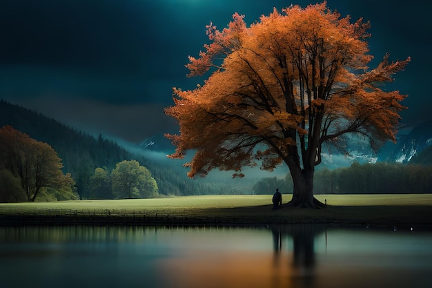 A tree with a man sitting under it