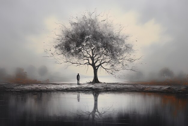 Foto un albero con un uomo in piedi accanto ad esso e un uomo in abito in piedi davanti a un corpo d'acqua