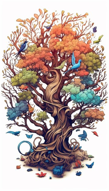 A tree with many different colored leaves and birds on it generative ai