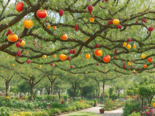 Photo a tree with many fruit hanging from it