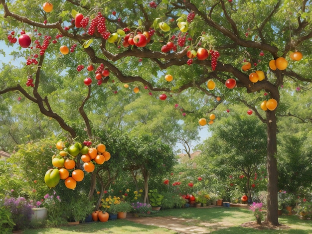 Photo a tree with many fruit hanging from it