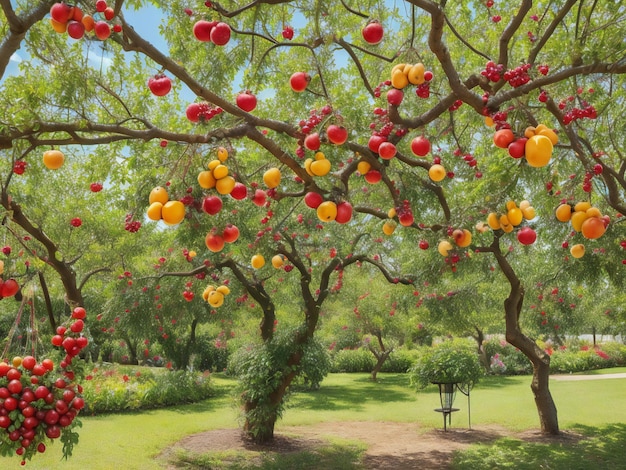 Foto un albero da cui pendono molti frutti