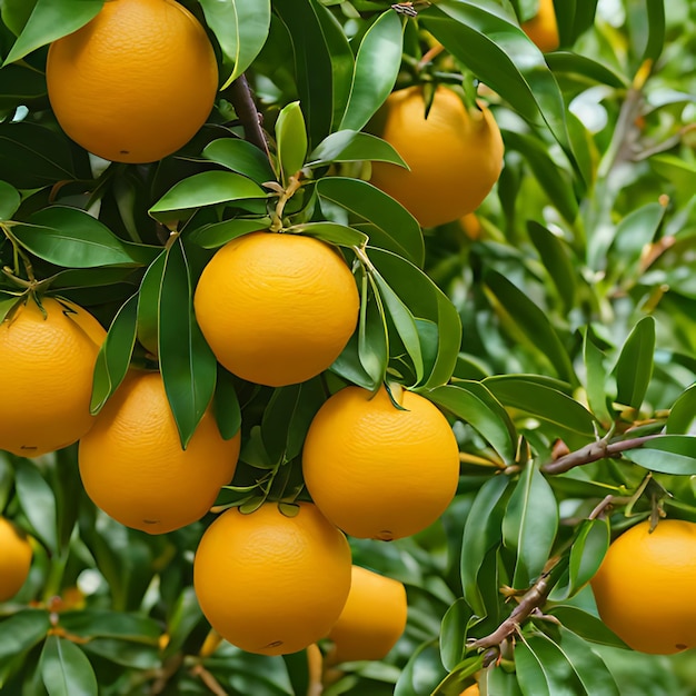 Photo a tree with many oranges on it and green leaves