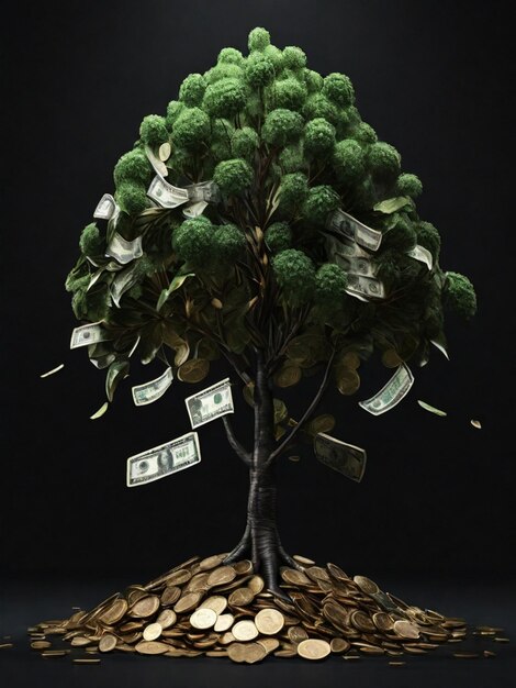 Photo tree with money shaped leaves growing tall and big future savings concept