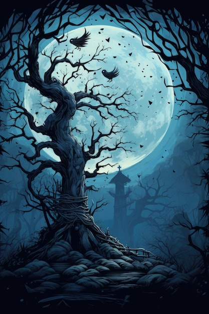 a tree with a moon in the background