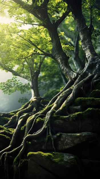 a tree with moss on the roots