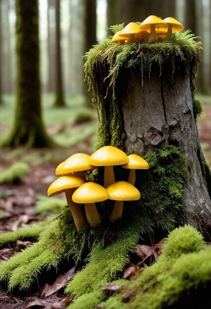 Photo a tree with mushrooms growing on it and moss growing on the trunk