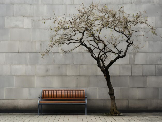 葉のない木とその隣のベンチ