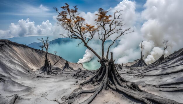 a tree with no leaves on it is in a barren landscape